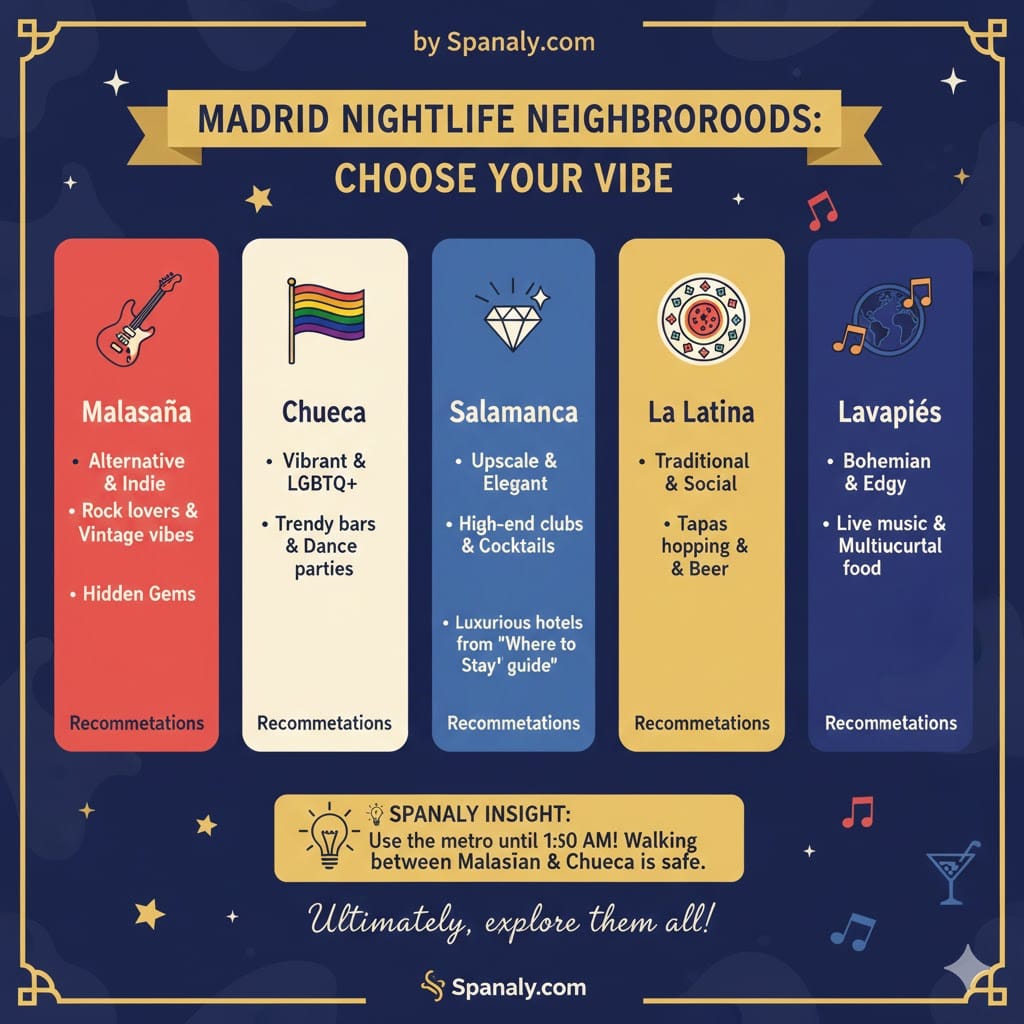 A colorful infographic comparing Madrid's nightlife neighborhoods: Malasaña, Chueca, Salamanca, La Latina, and Lavapiés, including music styles and vibes by Spanaly.com.