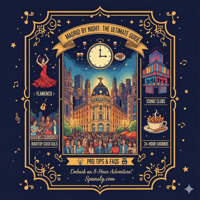 A vintage-style artistic illustration of Madrid by night, featuring Flamenco, rooftop cocktails, iconic clubs, 24-hour churros, and the Gran Via Metropolis building within an elegant golden frame by Spanaly.com.