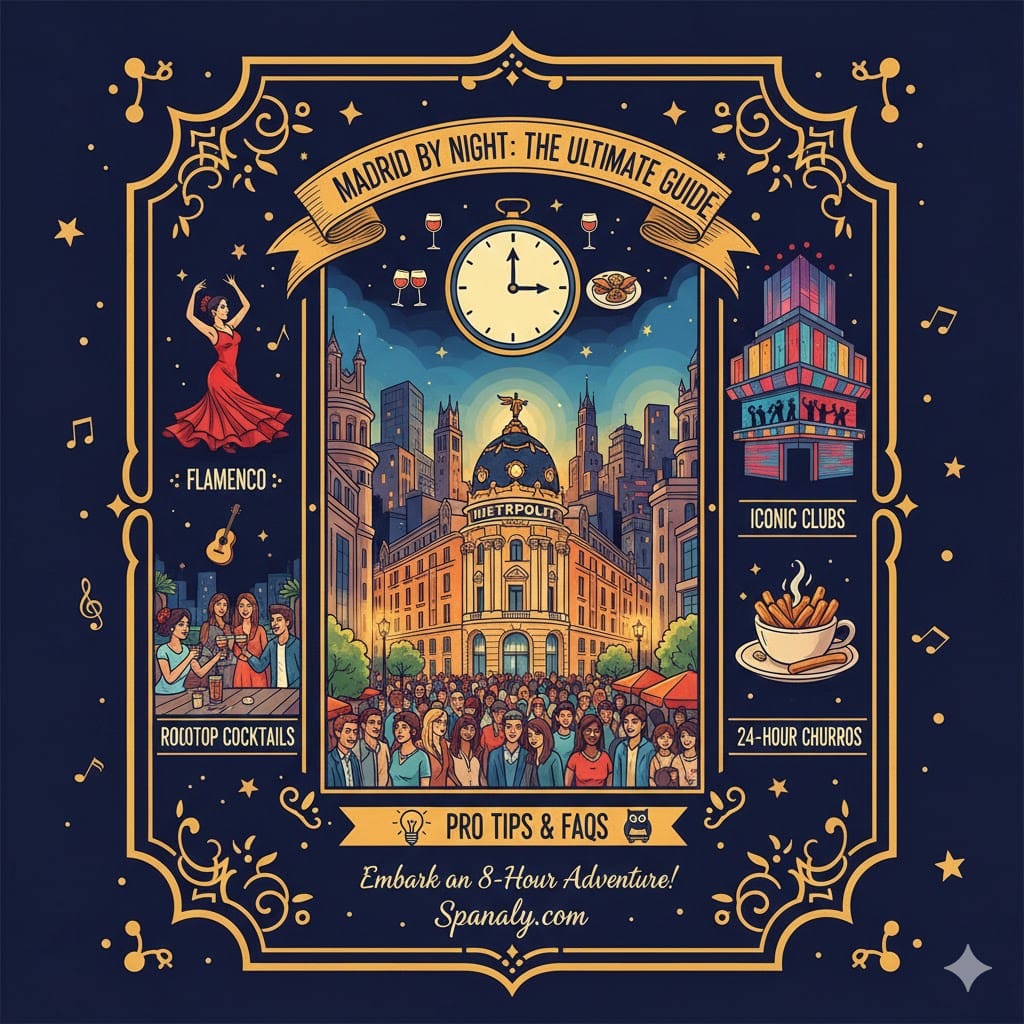 A vintage-style artistic illustration of Madrid by night, featuring Flamenco, rooftop cocktails, iconic clubs, 24-hour churros, and the Gran Via Metropolis building within an elegant golden frame by Spanaly.com.