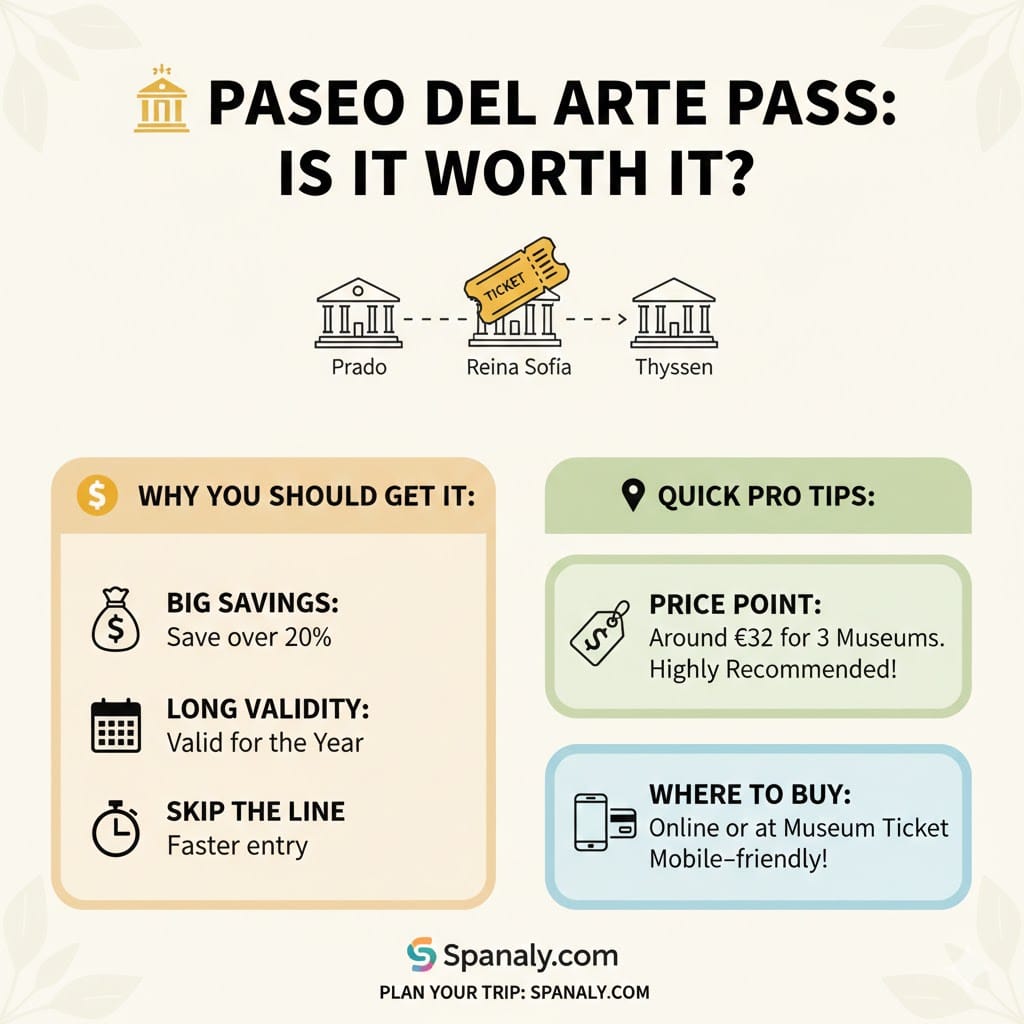 Infographic for the Paseo del Arte Pass in Madrid, showing benefits like 20% savings, one-year validity, and skip-the-line access to Prado, Reina Sofía, and Thyssen museums.