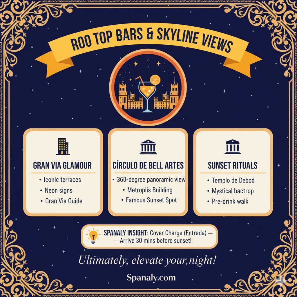 A colorful infographic about Madrid rooftop bars and sunset views, featuring iconic spots like Gran Via, Círculo de Bellas Artes, and Templo de Debod by Spanaly.com.