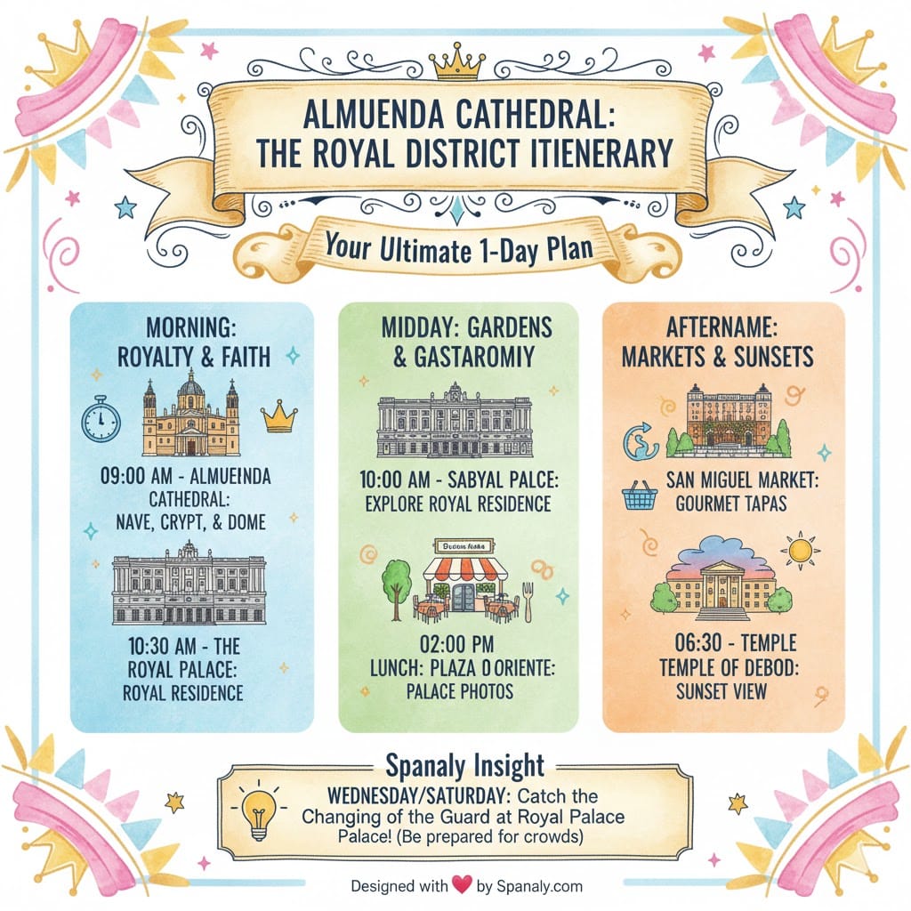 A colorful 1-day itinerary infographic for Madrid's Royal District, featuring Almudena Cathedral, Royal Palace, San Miguel Market, and Temple of Debod, designed by Spanaly.
