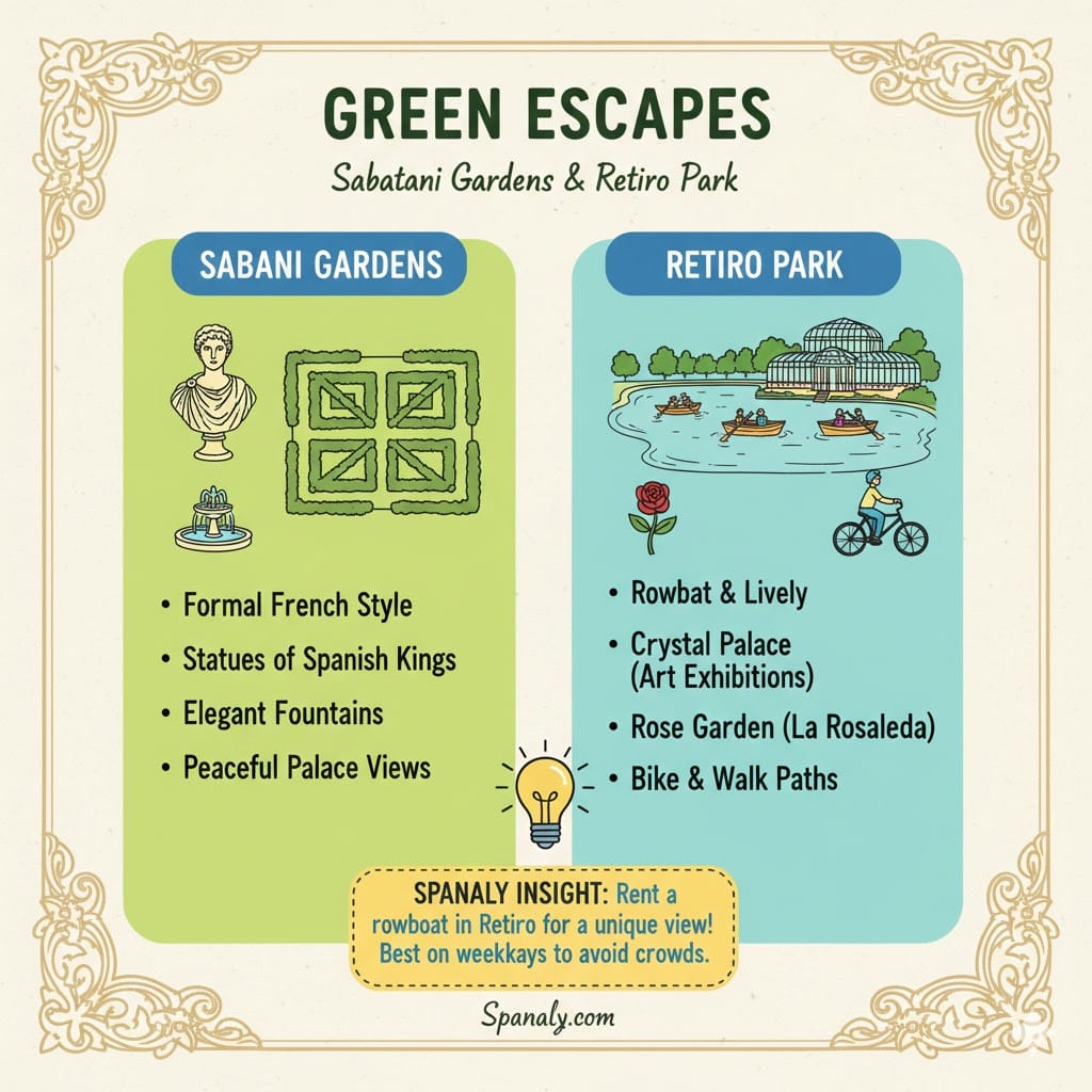 Colorful infographic comparing Sabatini Gardens and Retiro Park in Madrid, featuring hand-drawn icons of the Crystal Palace, rowboats, and royal statues.