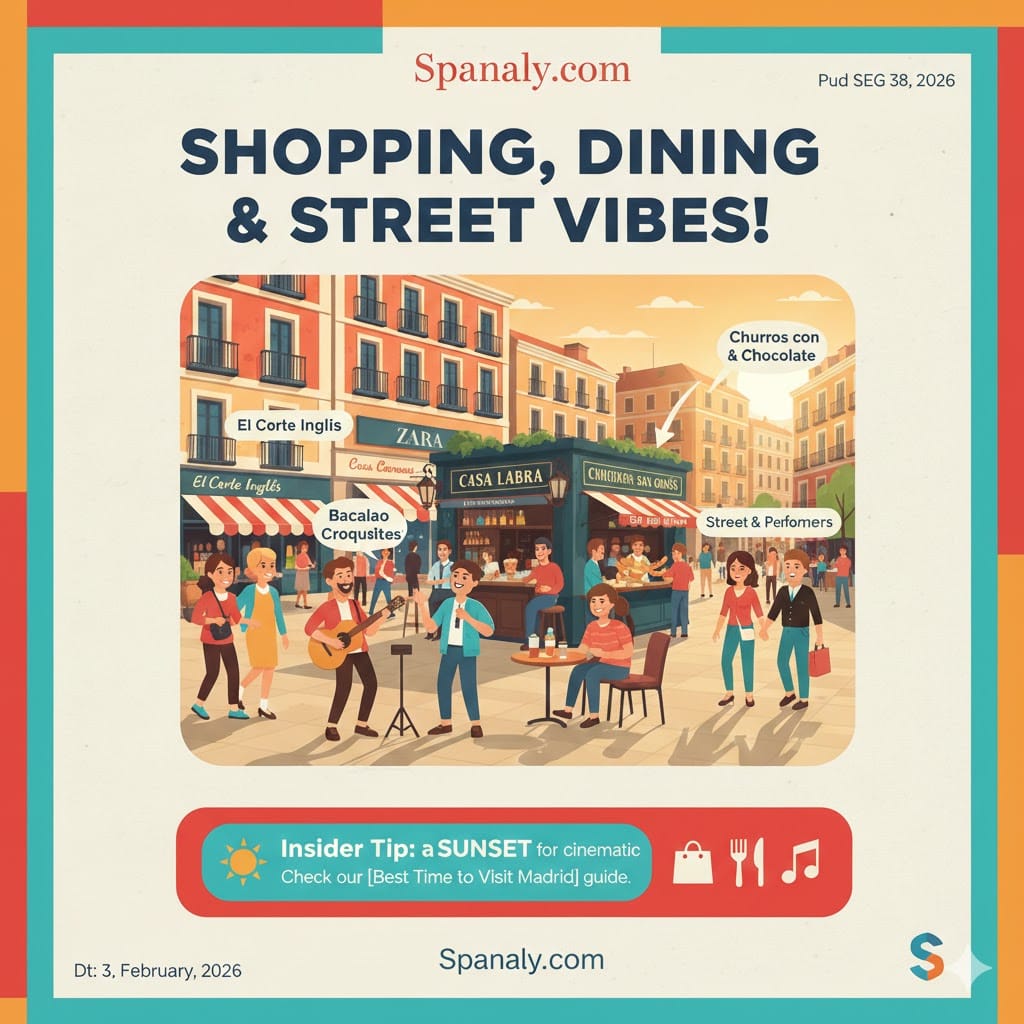 A detailed infographic of Puerta del Sol shopping and dining scene, featuring icons for El Corte Inglés, Casa Labra croquettes, and San Ginés churros, with a pro-tip for visiting at sunset.