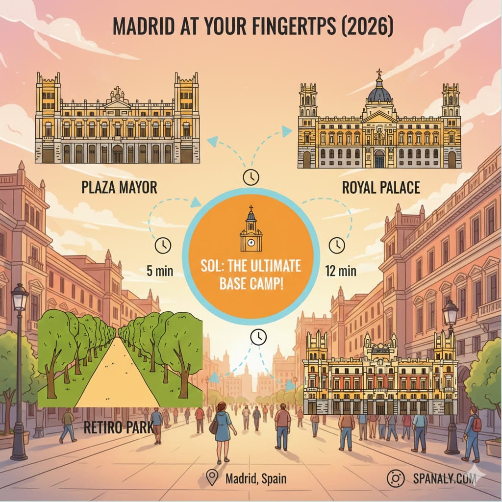 An artistic infographic showing Puerta del Sol as the central base camp in Madrid, with illustrated paths to Plaza Mayor, Royal Palace, Retiro Park, and Gran Vía, including walking times.