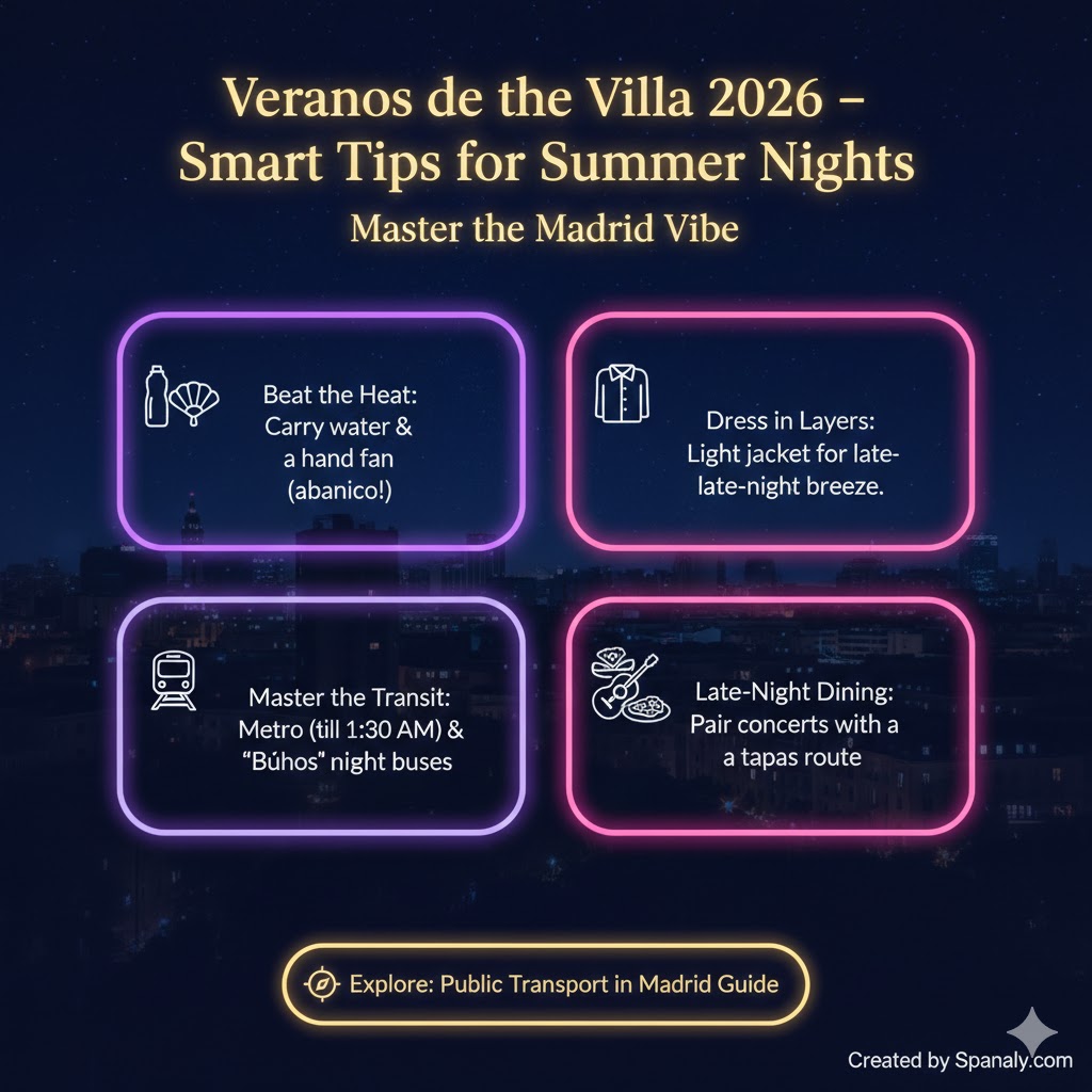 An infographic with smart tips for enjoying Madrid summer nights during Veranos de la Villa 2026, including hydration, dressing in layers, public transport times, and late-night dining by Spanaly.com.