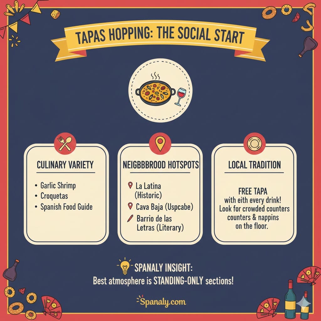 A colorful infographic about Tapas Hopping in Madrid, featuring culinary variety, neighborhood hotspots like La Latina and Cava Baja, and local traditions by Spanaly.com.