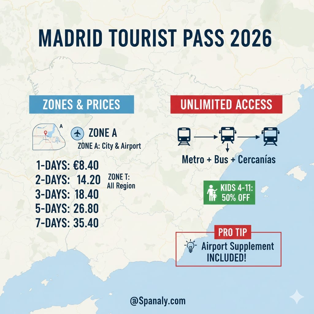Infographic of Madrid Tourist Transport Pass (Abono Turístico) prices for 2026 on a map of Spain, showing daily and weekly rates by Spanaly.com.