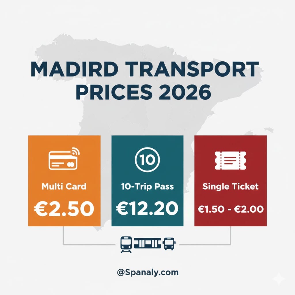 Infographic of Madrid travel cards and ticket prices for 2026 on a map of Spain, comparing Multi Card, 10-trip pass, and single tickets by Spanaly.com.