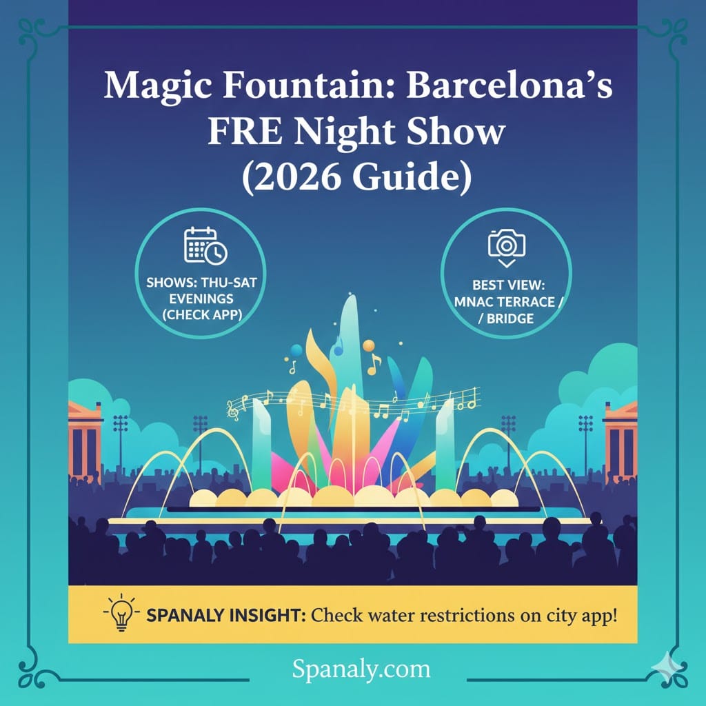A colorful 1024x1024 infographic titled Magic Fountain: Barcelona's FREE Night Show (2026 Guide). The visual illustrates a vibrant water and light display with music notes. It includes icons for show schedules (Thu-Sat) and best viewpoints like MNAC Terrace and Bridge. A yellow bottom banner features a Spanaly Insight about checking water restrictions. Logo: Spanaly.com.