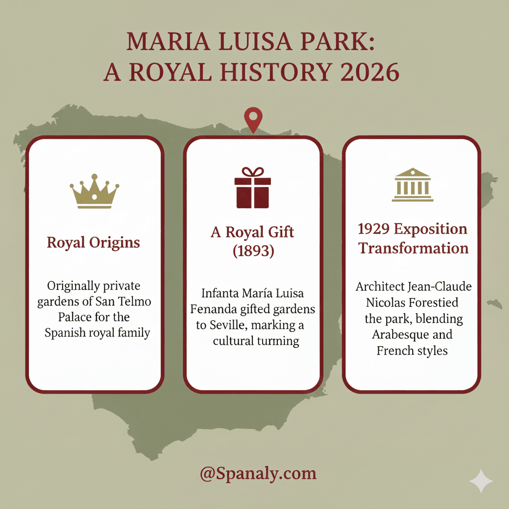 Historical infographic of Maria Luisa Park in Seville featuring a Spain map and key milestones: Royal Origins, the 1893 gift to the city, and the 1929 Exposition transformation by Spanaly.com.