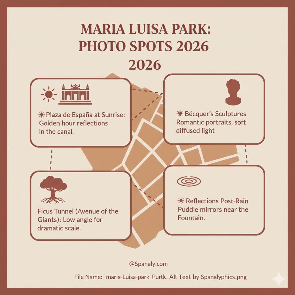 Travel infographic showcasing the best photography locations in Maria Luisa Park, including Plaza de España at sunrise, the Ficus tunnel, and Bécquer’s monument with camera tips by Spanaly.com.