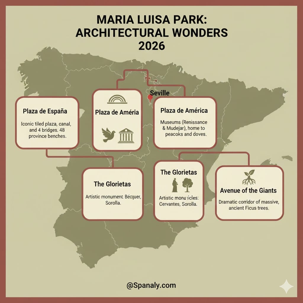 Infographic of Maria Luisa Park architectural sights including Plaza de España, Plaza de América, and the Fountain of the Lions with a Spain map and visitor tips by Spanaly.com.