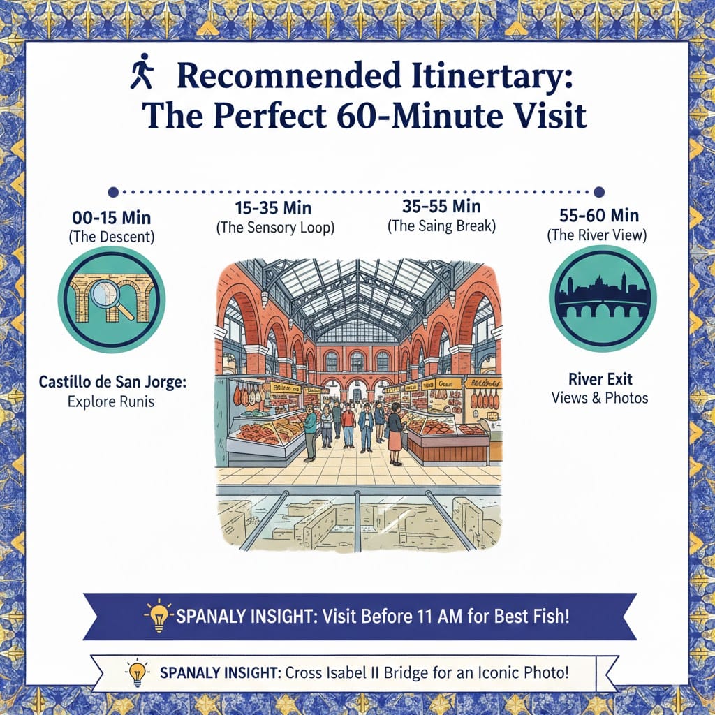 A 60-minute itinerary infographic for Mercado de Triana showing a timeline from the castle ruins to the tapas bars and the river exit with a central illustration of the market interior.