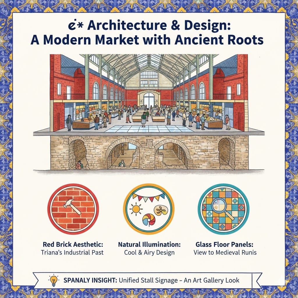 An architectural infographic of Mercado de Triana showing the red brick design, high ceilings for natural light, and glass floor panels revealing medieval ruins below.