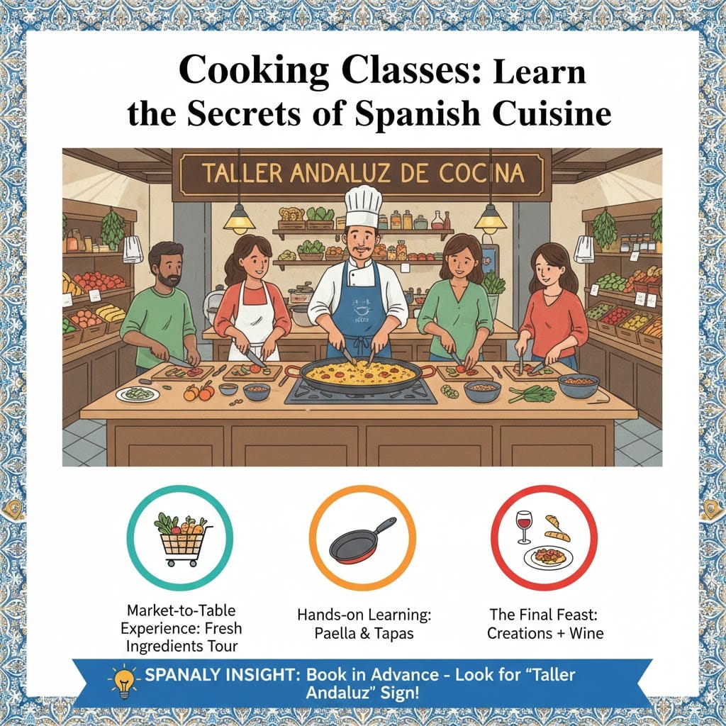 A colorful infographic showing a cooking class at Taller Andaluz de Cocina in Mercado de Triana, featuring market tours, hands-on paella making, and wine tasting.