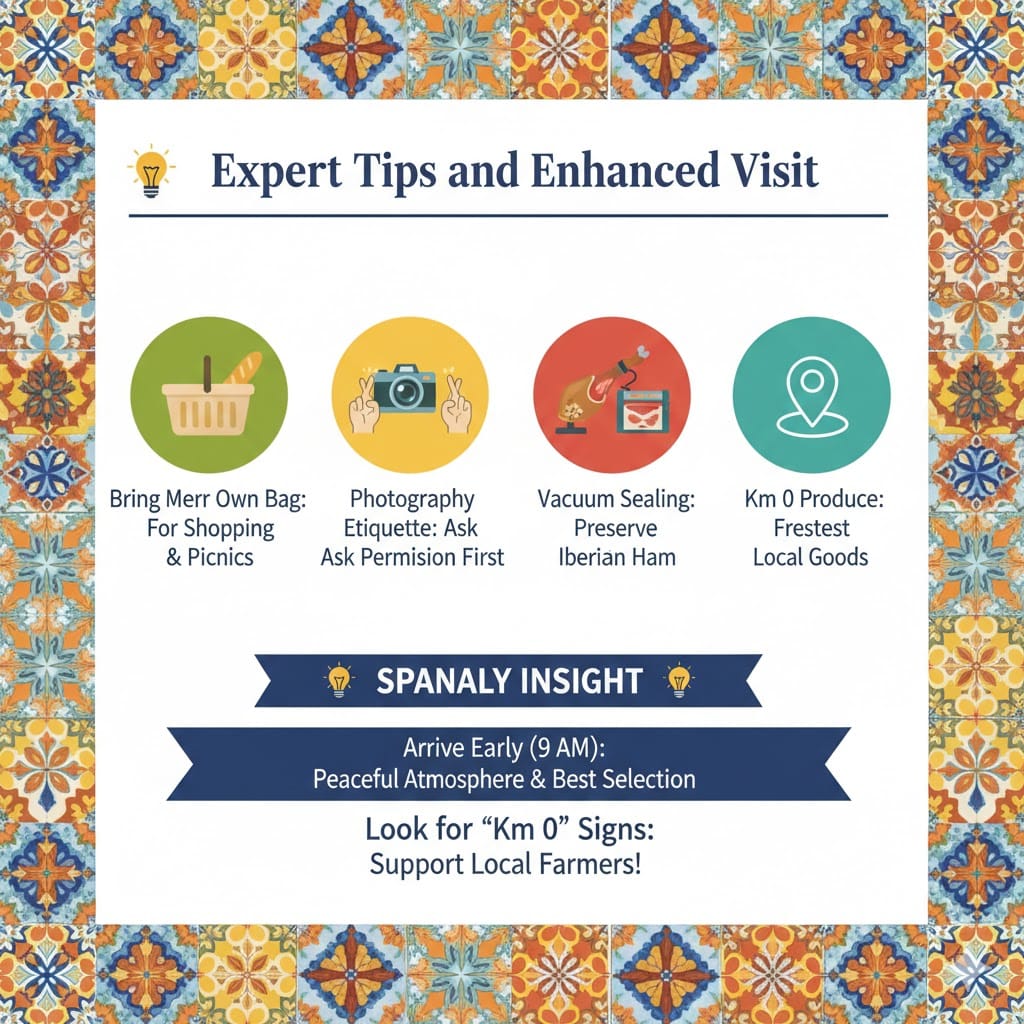 An expert tips infographic for Mercado de Triana featuring advice on photography etiquette, vacuum sealing ham, bringing reusable bags, and Km 0 local produce.