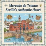 A vibrant colorful illustration of Mercado de Triana in Seville by the Guadalquivir river, featuring the Triana bridge, local food icons, and the Spanaly.com logo.