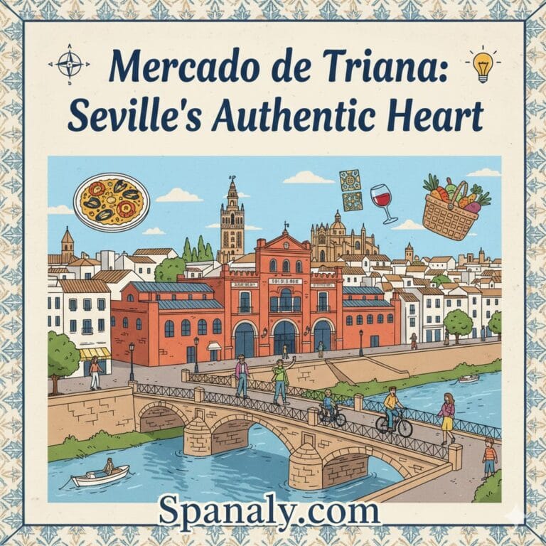 A vibrant colorful illustration of Mercado de Triana in Seville by the Guadalquivir river, featuring the Triana bridge, local food icons, and the Spanaly.com logo.