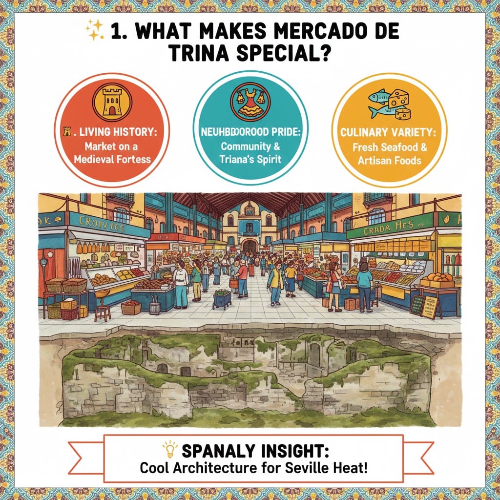 A colorful infographic showing Mercado de Triana special features: market stalls above medieval castle ruins, neighborhood community spirit, and fresh Spanish seafood and artisan foods.