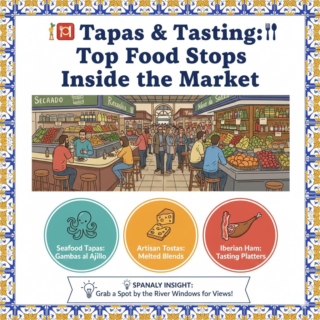 A colorful infographic showing the best tapas stops in Mercado de Triana, including seafood, artisan cheeses, and Iberian ham with local Spanaly travel advice.