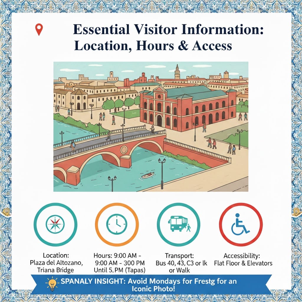 A professional infographic of Mercado de Triana visitor information including location, opening hours, transport, and accessibility with a colorful Seville illustration.