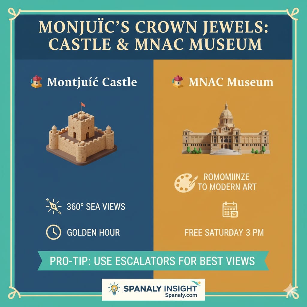 A colorful infographic titled Monjuïc's Crown Jewels: Castle & MNAC Museum. Features 3D illustrations of Montjuïc Castle with 360° sea views and Golden Hour timing, and the MNAC Museum highlighting its Romanesque to Modern art and free Saturday entry. Includes a pro-tip banner about using escalators. Logo: Spanaly.com.