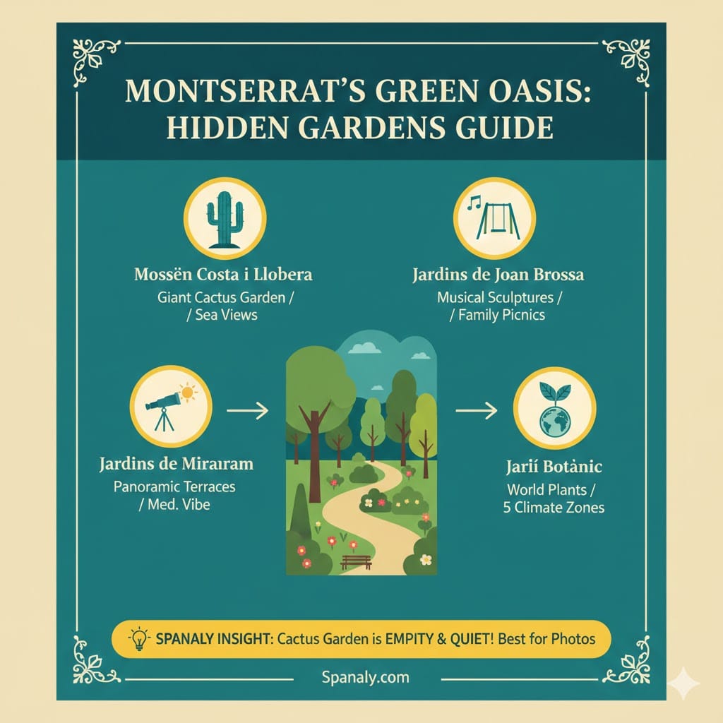 A colorful 1024x1024 infographic titled Montjuïc's Green Oasis: Hidden Gardens Guide. It features icons for Mossèn Costa i Llobera (Cactus Garden), Jardins de Joan Brossa (Musical Sculptures), Jardins de Miramar (Panoramic Terraces), and Jardí Botànic (World Plants). A Spanaly Insight banner at the bottom highlights the Cactus Garden as empty and quiet for photos. Logo: Spanaly.com.
