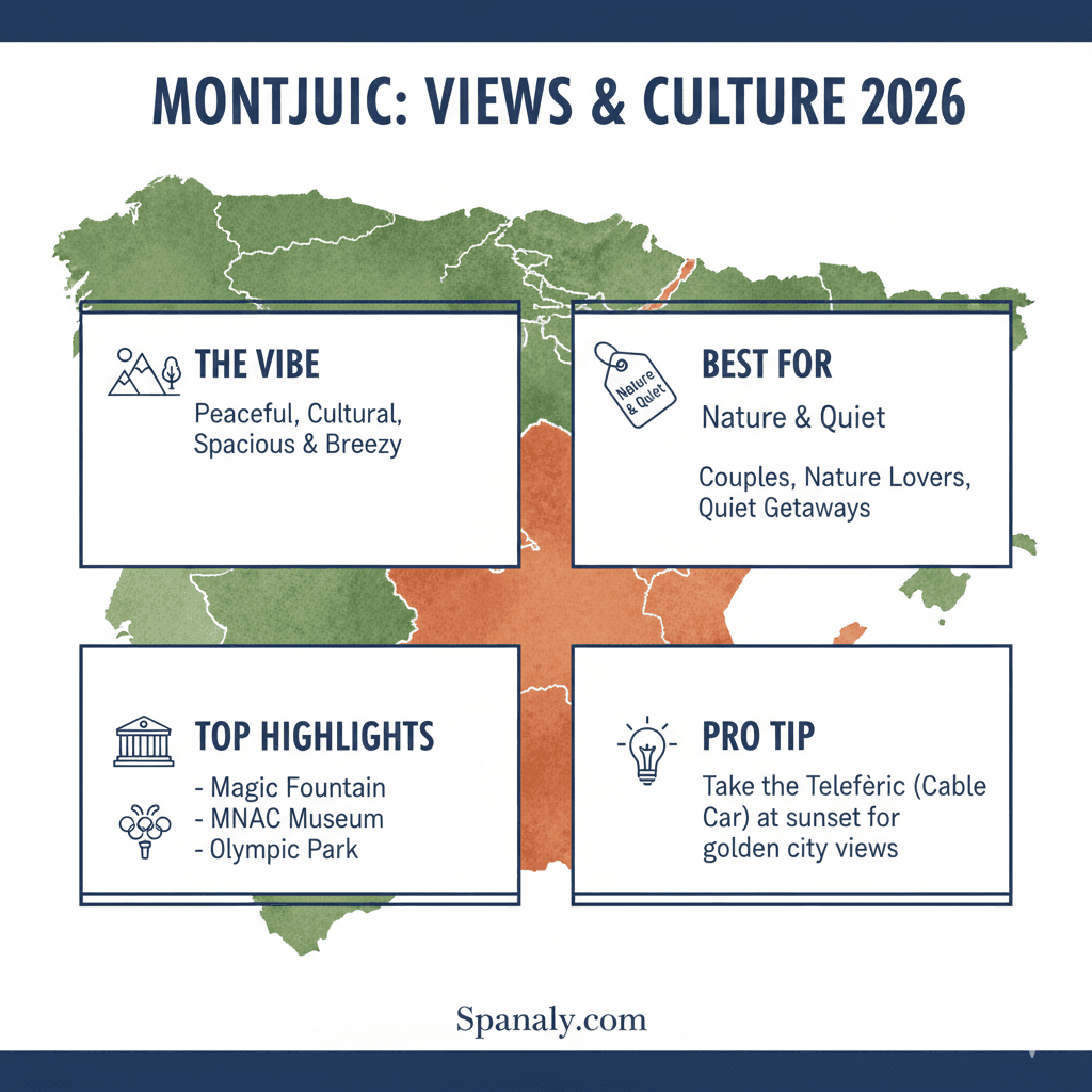 A comprehensive 2026 travel infographic for Montjuïc, Barcelona, highlighting its peaceful vibe, cultural landmarks like MNAC Museum and Magic Fountain, and a pro tip for sunset cable car rides over a map of Spain.
