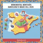 A vibrant 3D map of Spain featuring a large, detailed illustration of Montjuïc Hill in Barcelona. The map includes icons for the Magic Fountain, Montjuïc Castle, and a red tourist bus. Top text reads: MONUMENTAL MONTJUÏC: BARCELONA’S MAGIC HILL 2026. The bottom banner displays Spanaly.com. Decorative orange and blue mosaic border.