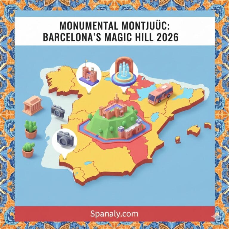 A vibrant 3D map of Spain featuring a large, detailed illustration of Montjuïc Hill in Barcelona. The map includes icons for the Magic Fountain, Montjuïc Castle, and a red tourist bus. Top text reads: MONUMENTAL MONTJUÏC: BARCELONA’S MAGIC HILL 2026. The bottom banner displays Spanaly.com. Decorative orange and blue mosaic border.