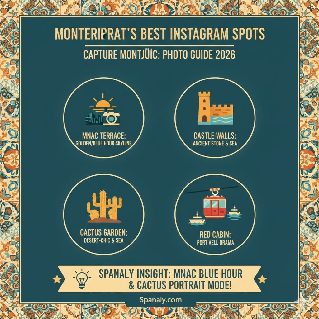 A colorful 1024x1024 infographic titled Capture Montjuïc: Photo Guide 2026. It features icons for MNAC Terrace (Golden/Blue Hour), Castle Walls (Stone & Sea), Cactus Garden (Desert-Chic), and Red Cabin (Port Vell Drama). A bottom banner shares Spanaly Insights on using Blue Hour and Portrait Mode. Decorative mosaic border included. Logo: Spanaly.com.