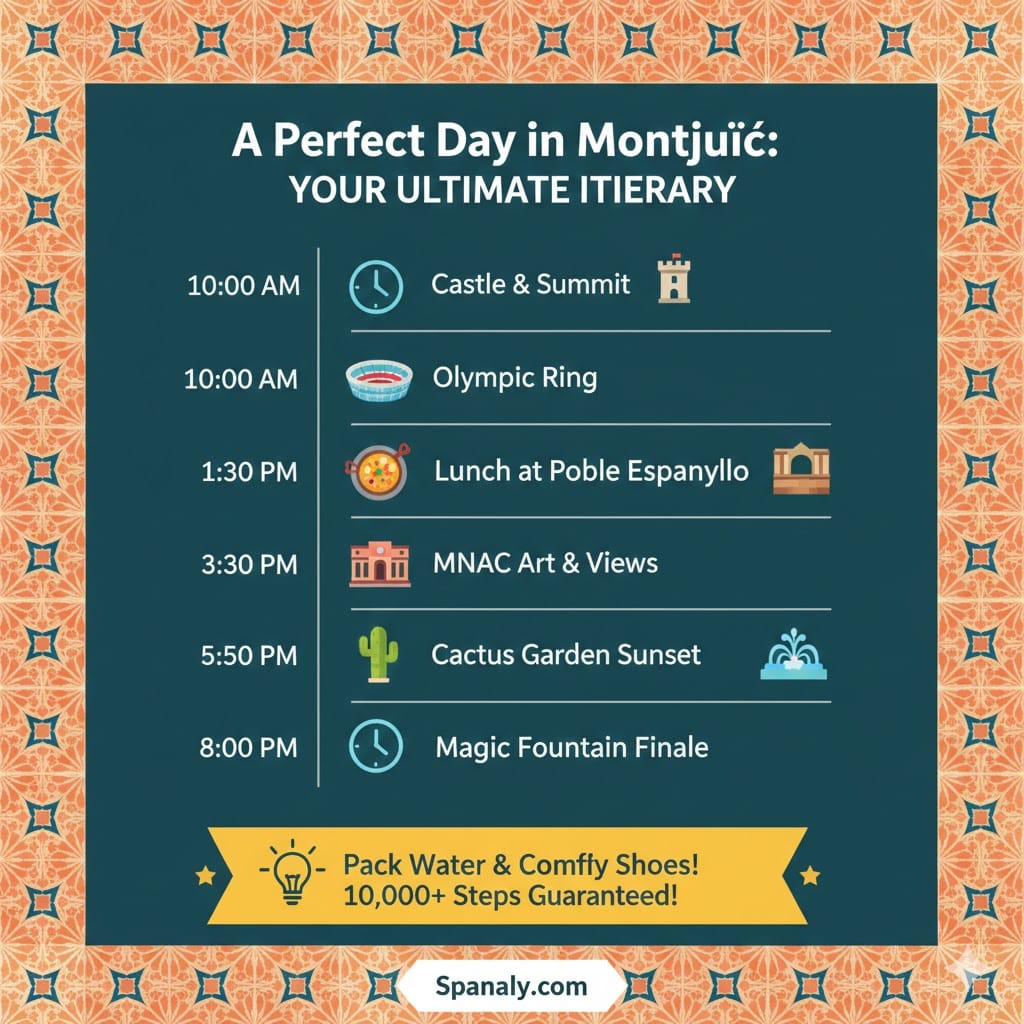 A colorful 1024x1024 infographic titled A Perfect Day in Montjuïc: Your Ultimate Itinerary. It shows a timeline from 10:00 AM to 8:00 PM, including Castle & Summit, Olympic Ring, Lunch at Poble Espanyol, MNAC Art, Cactus Garden Sunset, and Magic Fountain Finale. A bottom banner advises packing water and comfortable shoes for over 10,000 steps. Logo: Spanaly.com.