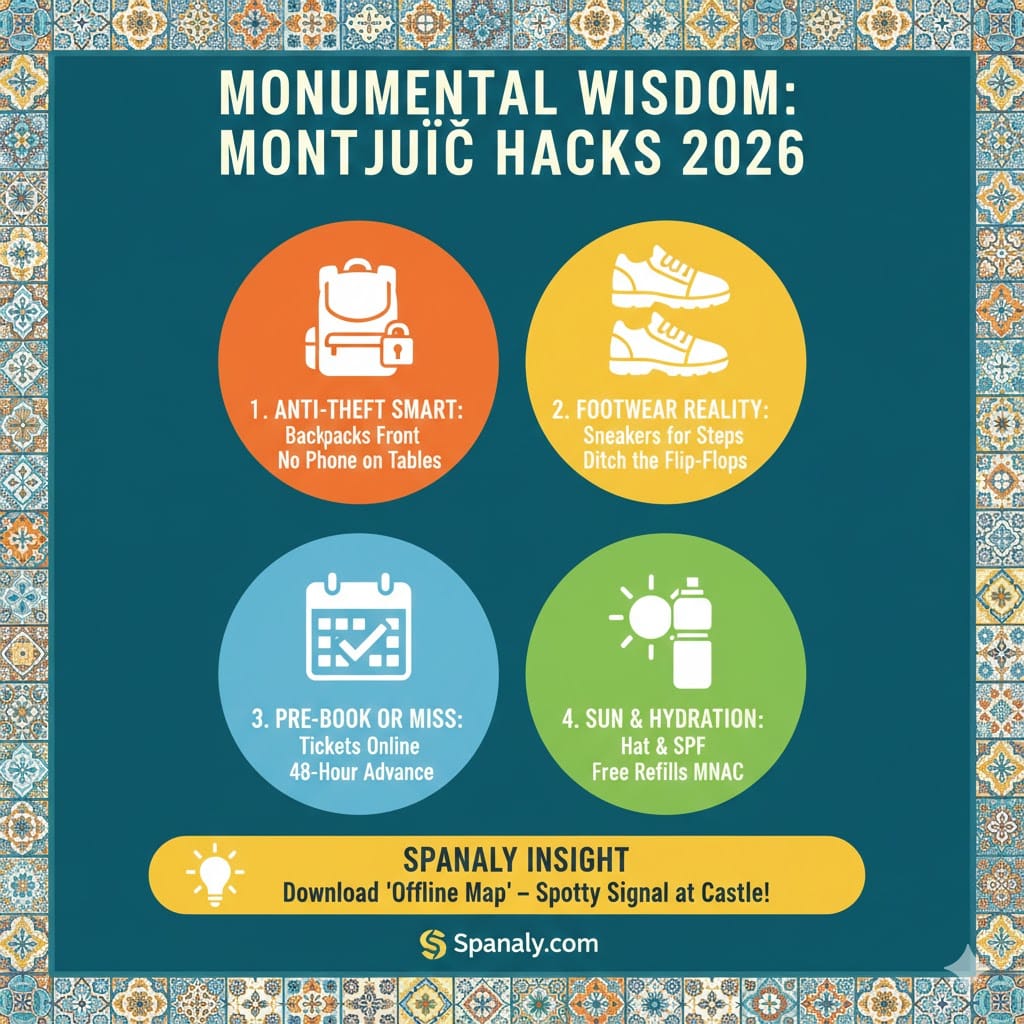 A colorful 1024x1024 infographic titled Monumental Wisdom: Montjuïc Hacks 2026. It features 4 tips: Anti-Theft Smart (Backpacks Front), Footwear Reality (Sneakers for Steps), Pre-Book or Miss (Tickets Online), and Sun & Hydration (Hat & SPF). A bottom banner shares a Spanaly Insight to download Offline Maps due to spotty signal. Logo: Spanaly.com.