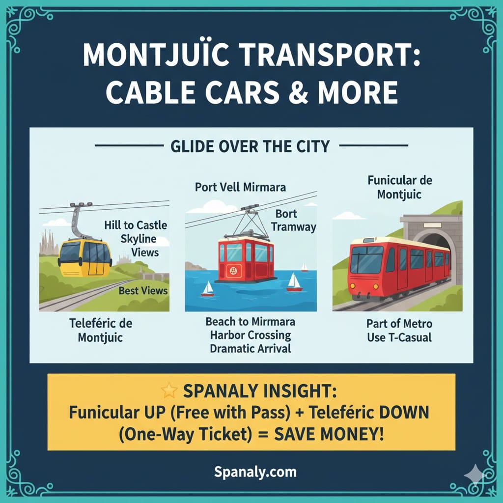 A colorful 1024x1024 infographic titled Montjuïc Transport: Cable Cars & More. It illustrates three transport modes: Telefèric de Montjuïc (Hill to Castle with Skyline Views), Port Vell Aerial Tramway (Beach to Miramar Harbor Crossing), and Funicular de Montjuïc (Part of Metro). Includes a Spanaly Insight on how to save money using the Funicular and Cable Car combo. Logo: Spanaly.com.