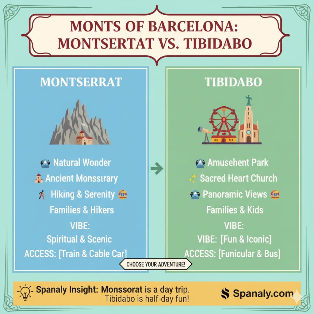 A colorful 1024x1024 infographic titled Montserrat vs. Tibidabo. Note: The visual comparison contrasts Montserrat's spiritual and scenic vibe with Tibidabo's fun and iconic amusement park vibe. Includes icons for hiking, churches, and funicular access. Bottom yellow banner features a Spanaly Insight. Logo: Spanaly.com.