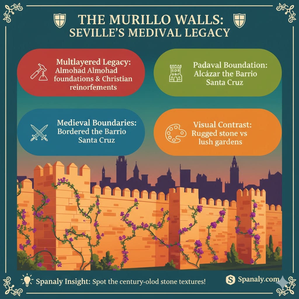 An educational infographic about the Murillo Walls in Seville, showing the Almohad foundations, the defensive link to the Alcazar palace, and the visual contrast between ancient stone and lush gardens.