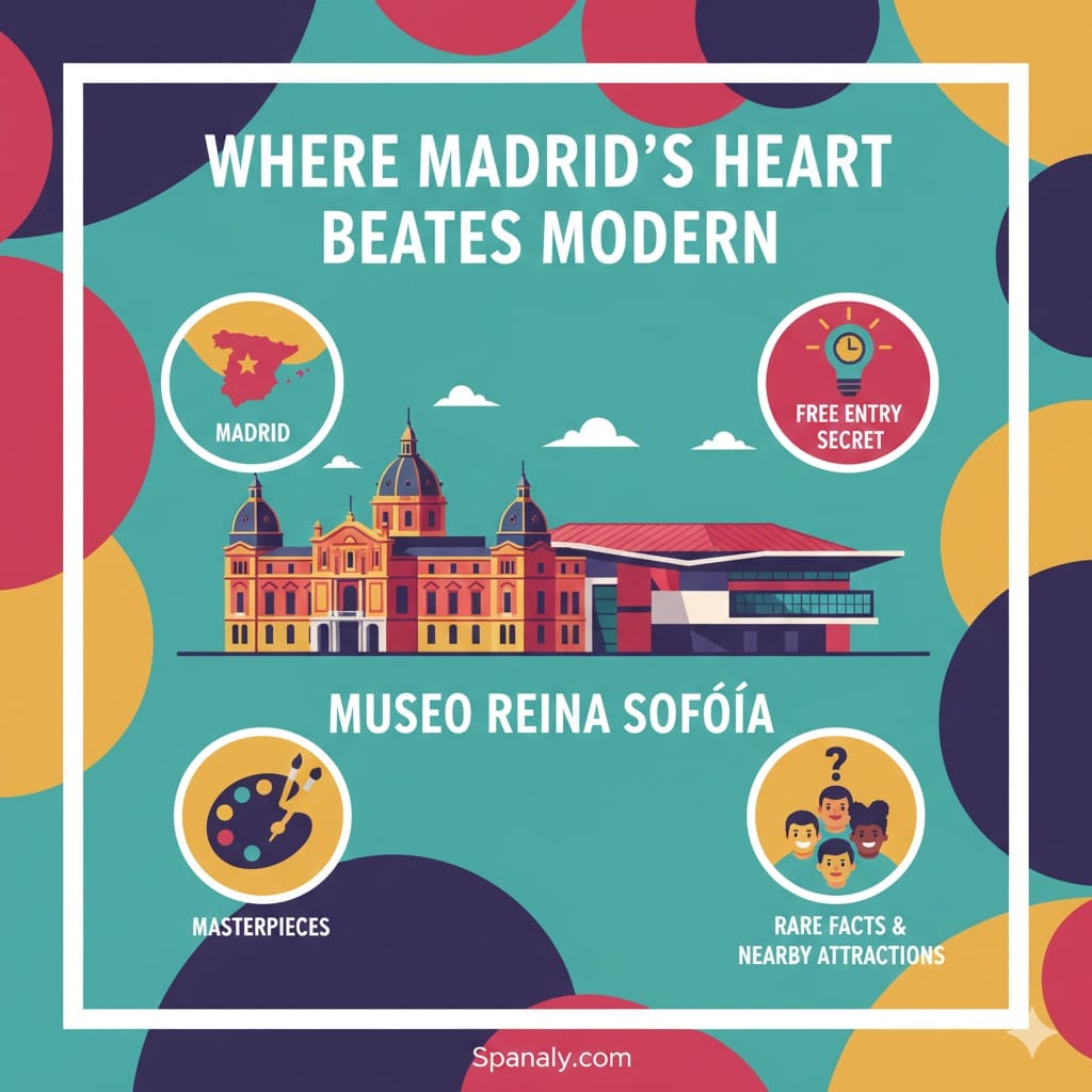 Creative infographic of Museo Reina Sofia in Madrid featuring Spain map, art masterpieces icon, free entry secrets, and rare facts.