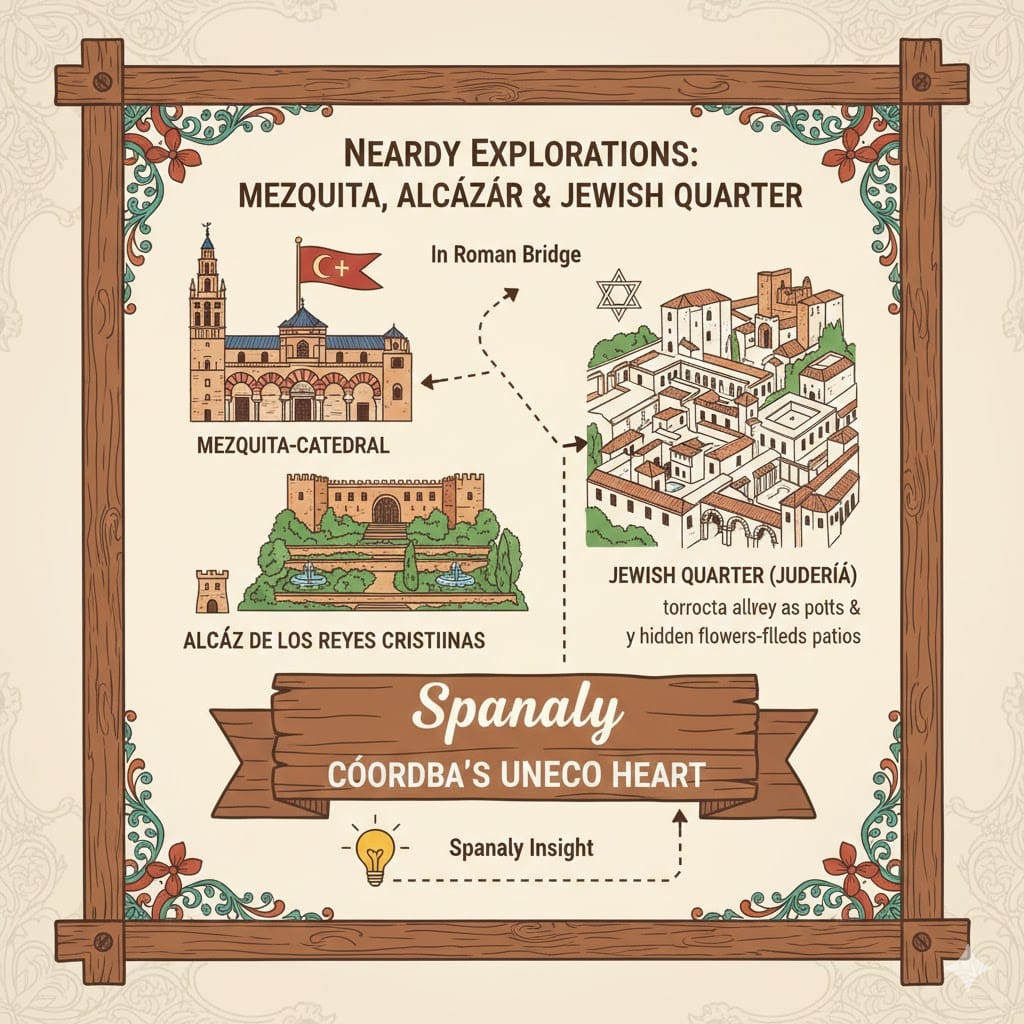 A colorful architectural infographic of Córdoba's UNESCO heritage sites near the Roman Bridge, including the Mezquita-Catedral, Alcázar, and the Jewish Quarter (Judería).