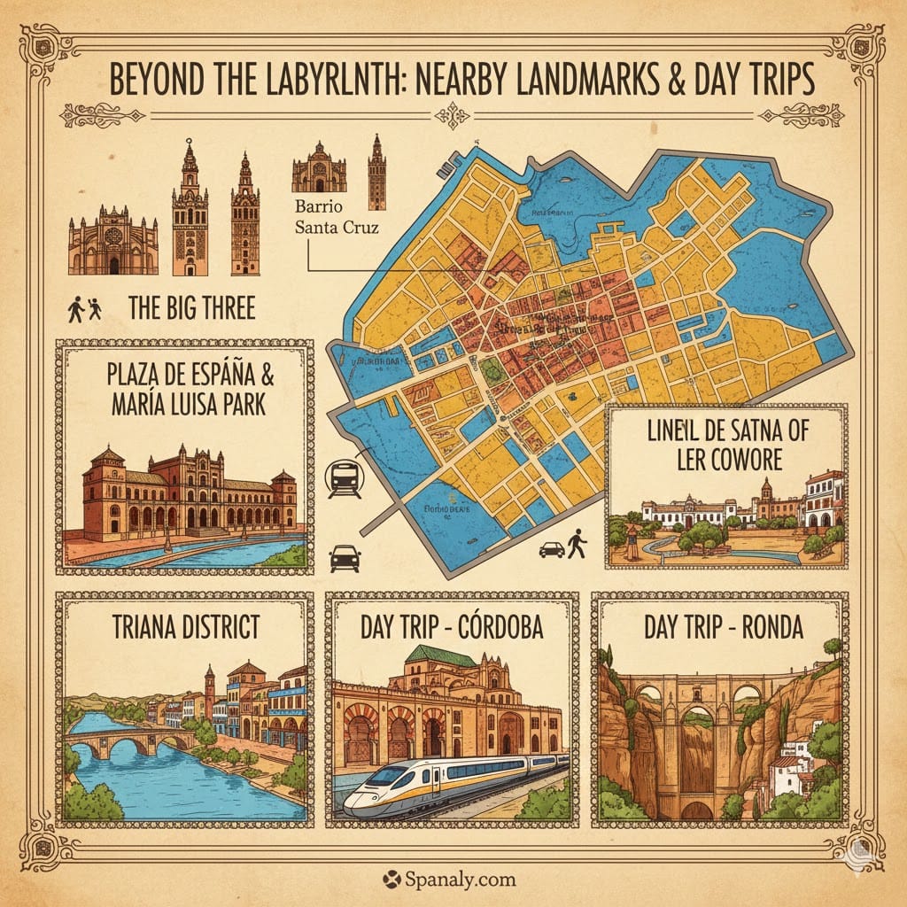 A colorful regional infographic titled "Beyond the Labyrinth: Nearby Landmarks & Day Trips". It features a central map of Seville connected to five artistic panels: The Big Three (Cathedral & Alcázar), Plaza de España, Triana District across the river, a high-speed train to Córdoba, and the dramatic bridge of Ronda. Created by Spanaly.com.