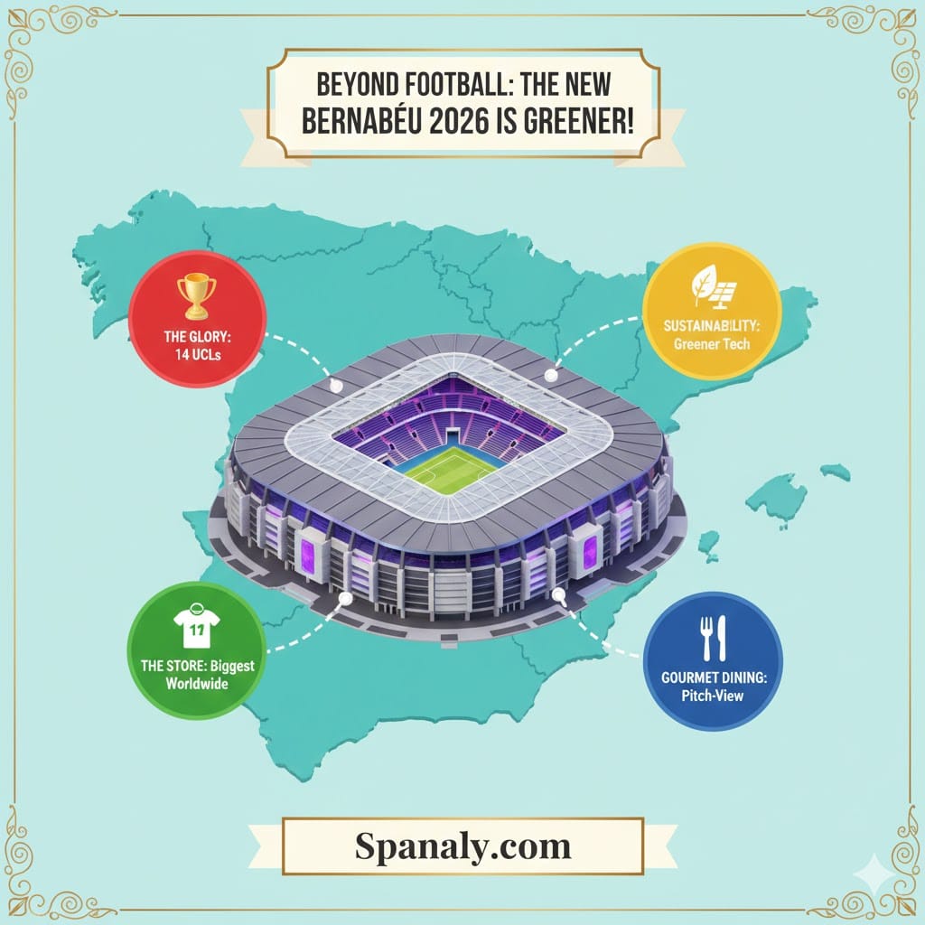 A professional 1024x1024 featured image for Spanaly.com. It shows a 3D isometric illustration of the New Santiago Bernabéu Stadium placed at the center of a teal-colored map of Spain. The image features four key highlights: The Glory (14 UCLs), Sustainability (Greener Tech), The Store (Biggest Worldwide), and Gourmet Dining (Pitch-View). Top banner title: BEYOND FOOTBALL: THE NEW BERNABÉU 2026 IS GREENER! Bottom banner: Spanaly.com. Decorative thin frame included.