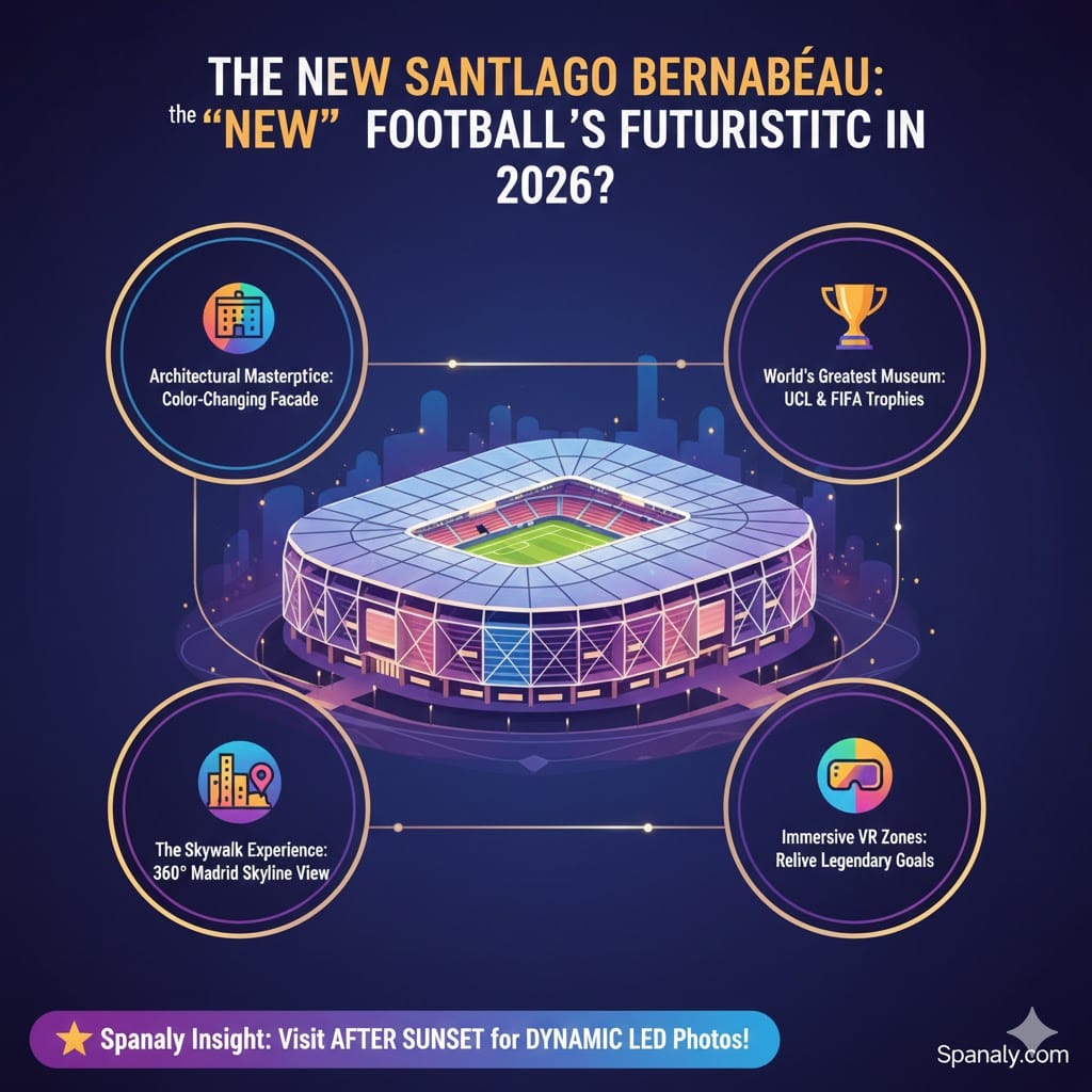 A futuristic infographic showcasing the new Santiago Bernabéu Stadium features for 2026. It highlights four main icons: Architectural Masterpiece (color-changing facade), World's Greatest Museum (UCL trophies), Skywalk Experience (360-degree Madrid skyline view), and Immersive VR Zones (reliving goals). A purple Spanaly Insight banner at the bottom recommends visiting after sunset. Logo: Spanaly.com.