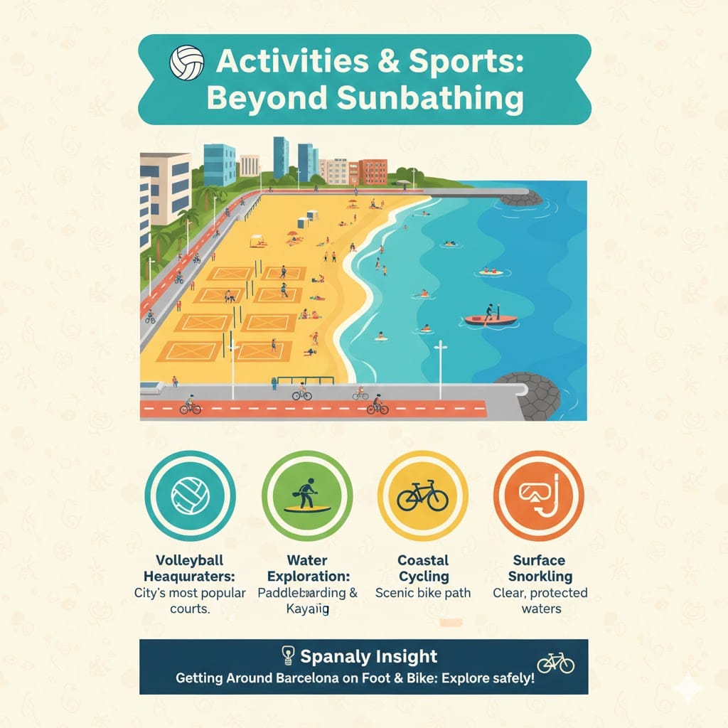 A colorful infographic titled 'Activities & Sports: Beyond Sunbathing' at Nova Icaria Beach. It shows an illustration of the beach with volleyball courts, paddleboarders in the water, and a cycling path. Icons highlight Volleyball Headquarters, Water Exploration, Coastal Cycling, and Surface Snorkeling. Created by Spanaly.