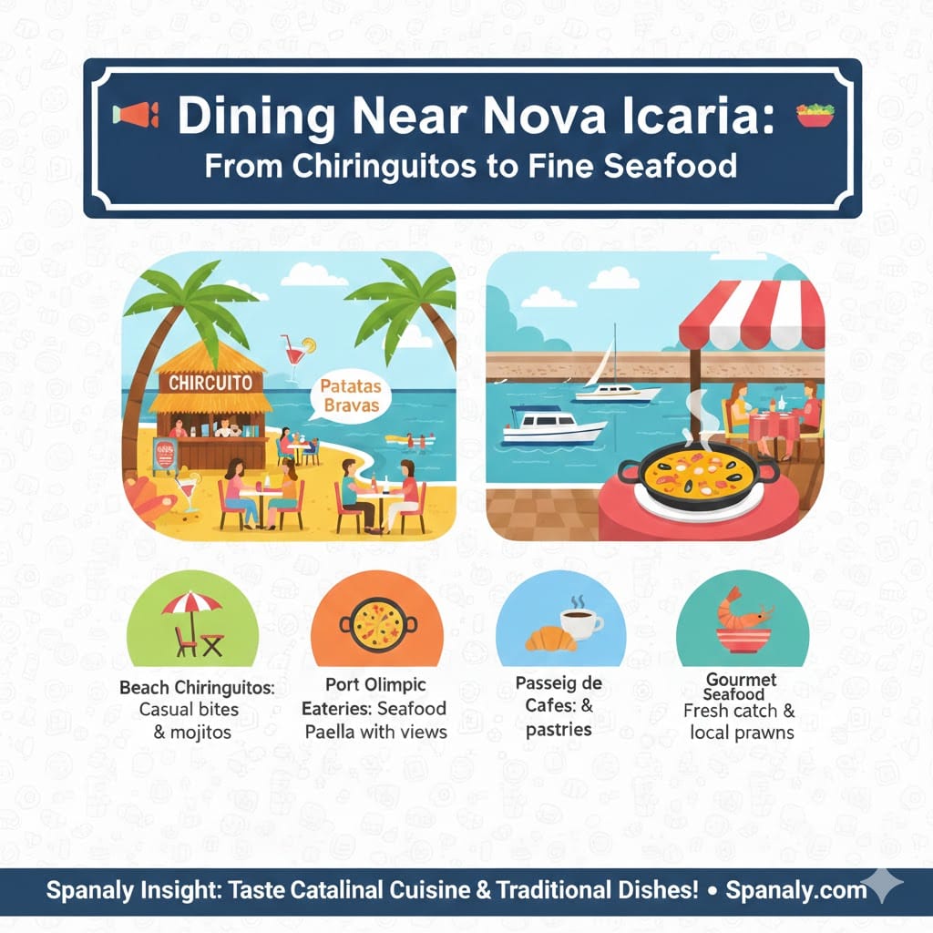 A colorful infographic titled 'Dining Near Nova Icaria: From Chiringuitos to Fine Seafood'. It features illustrations of beach bars (Chiringuitos) and harbor restaurants, highlighting tapas like Patatas Bravas, seafood Paella, and fresh gourmet catch. Created by Spanaly.com.
