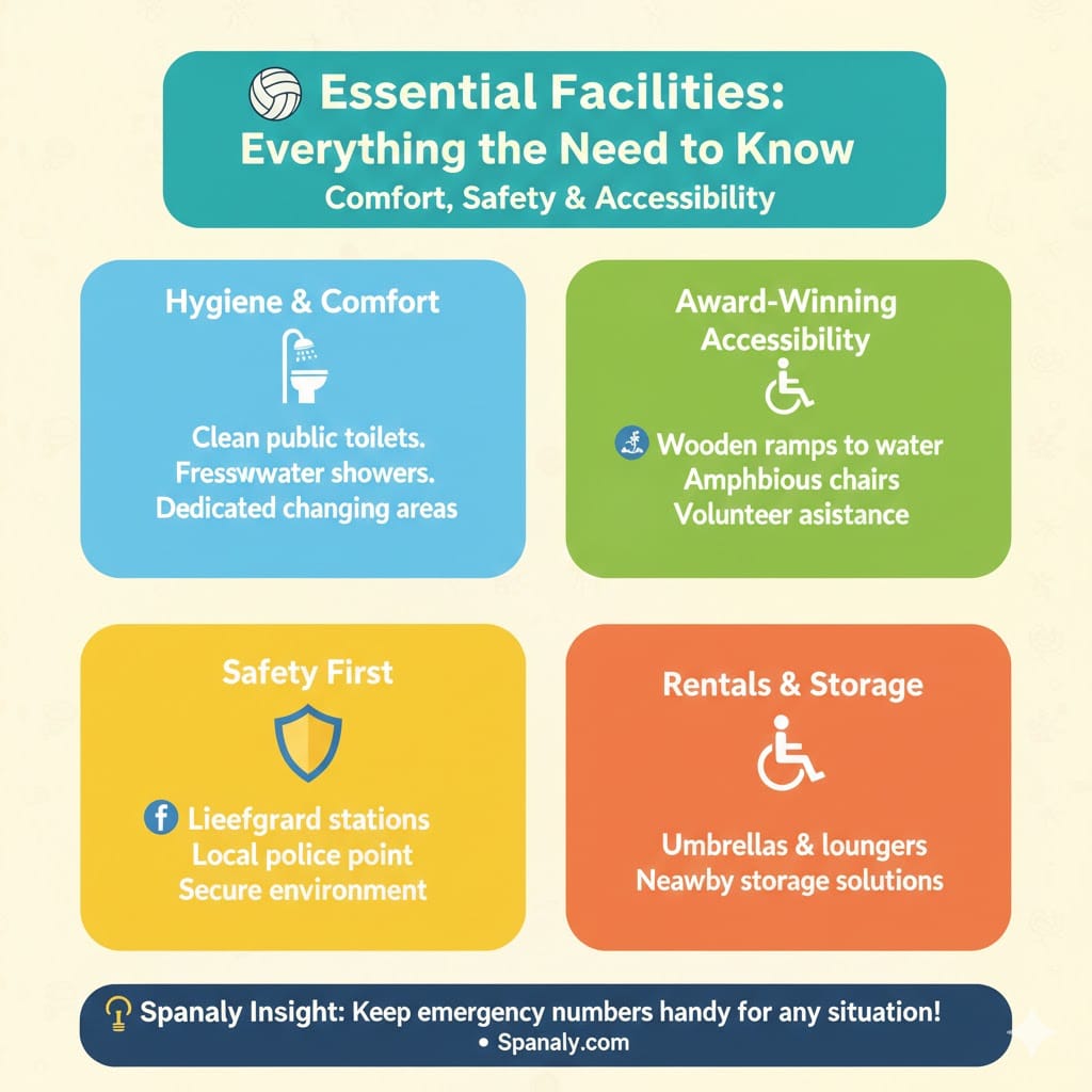 A colorful infographic titled 'Essential Facilities: Everything You Need to Know' for Nova Icaria Beach. It covers Hygiene & Comfort (showers, toilets), Award-Winning Accessibility (ramps, amphibious chairs), Safety First (lifeguards, police), and Rentals & Storage. Created by Spanaly.com.