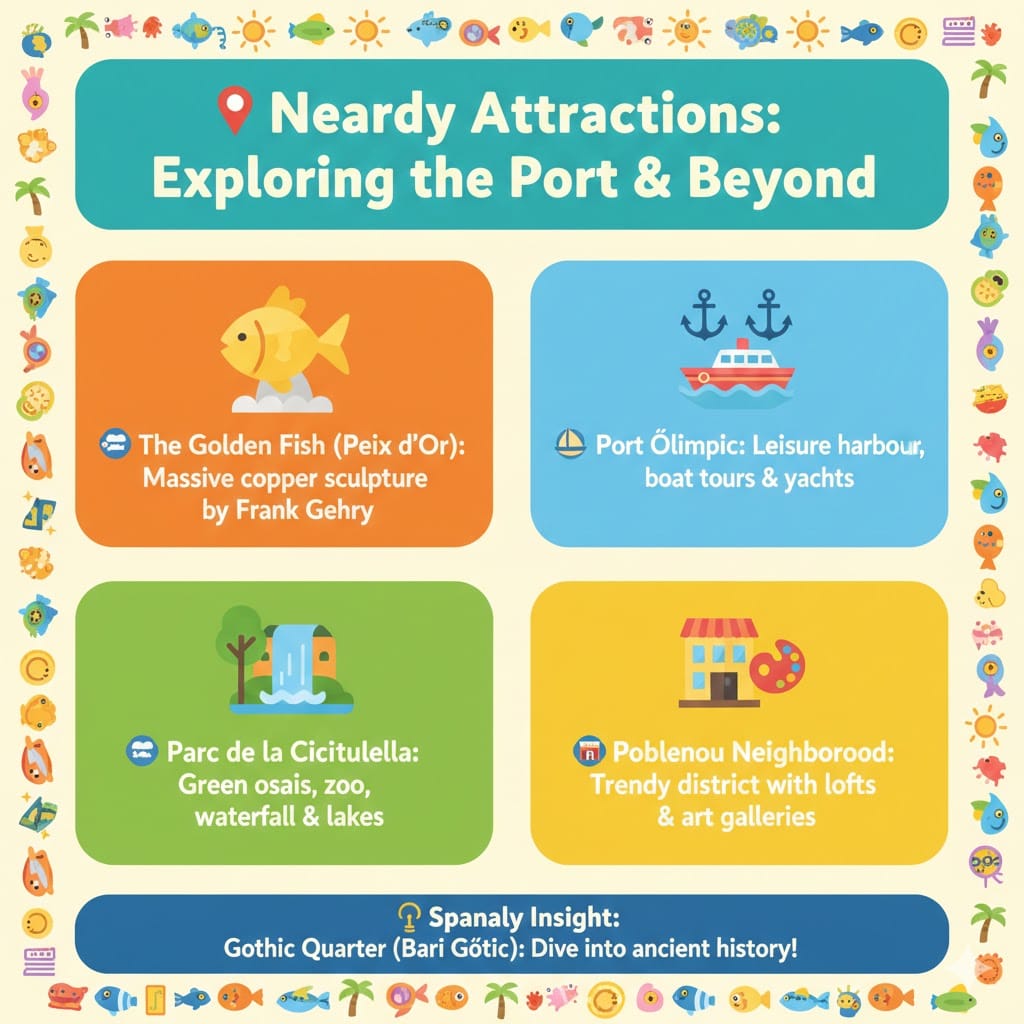 A colorful infographic titled 'Nearby Attractions: Exploring the Port & Beyond' for Nova Icaria Beach. It highlights the Golden Fish sculpture by Frank Gehry, Port Olímpic leisure harbour, Parc de la Ciutadella green oasis, and the trendy Poblenou neighborhood. Created by Spanaly.