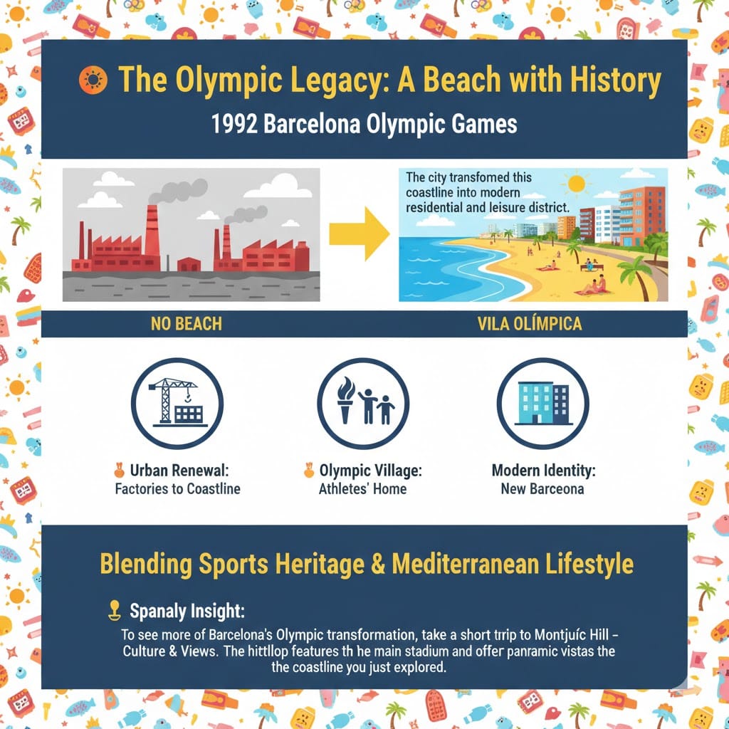 A colorful infographic titled 'The Olympic Legacy: A Beach with History' showing the transformation of Barcelona's coastline from an industrial zone with factories to the modern Vila Olímpica beach area for the 1992 Olympics. It includes icons for urban renewal, the Olympic village, and modern Mediterranean lifestyle.