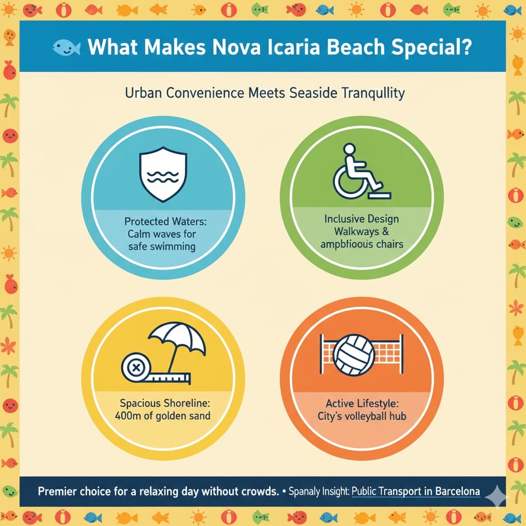 A colorful infographic titled 'What Makes Nova Icaria Beach Special?' featuring four key highlights: Protected Waters with calm waves, Inclusive Design with accessible walkways, a Spacious Shoreline of 400m golden sand, and an Active Lifestyle as a volleyball hub. Created by Spanaly.