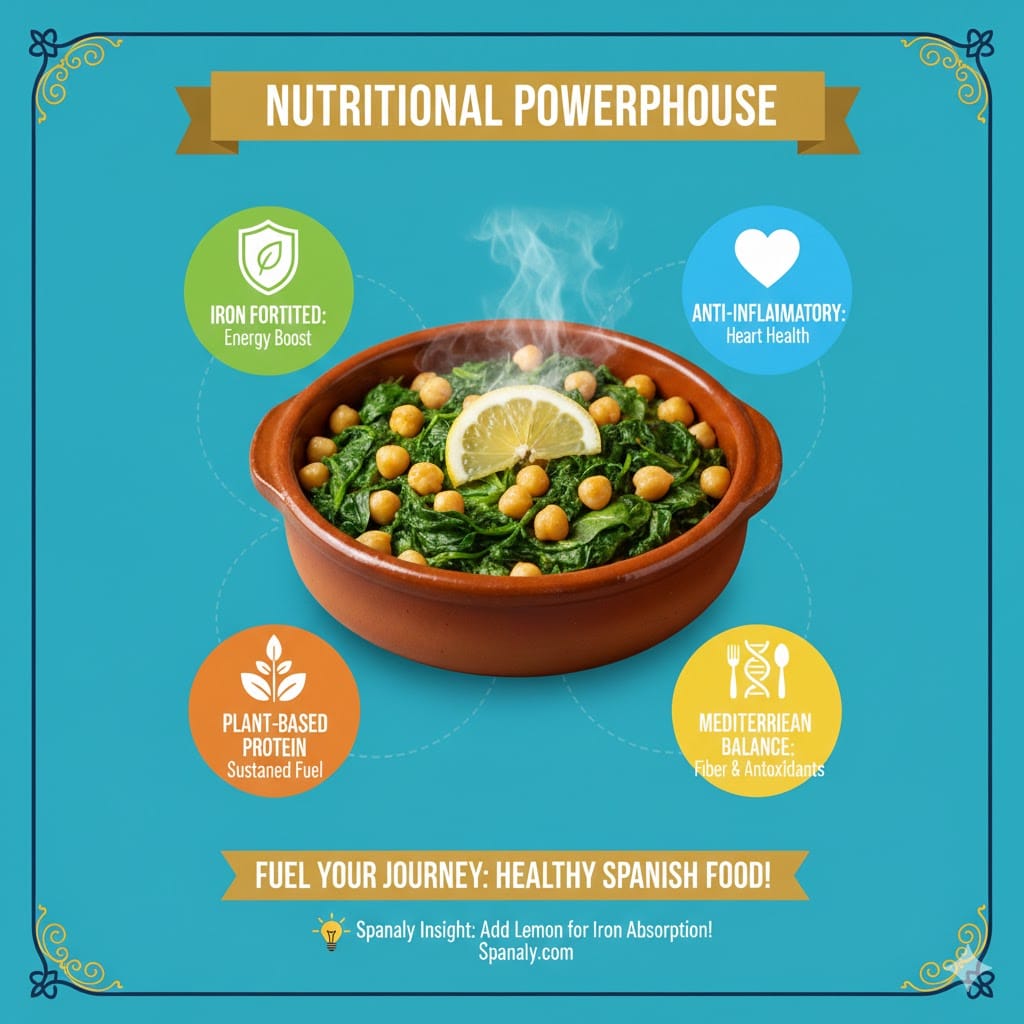 A colorful nutritional infographic for Espinacas con Garbanzos highlighting iron-fortified energy, plant-based protein, and anti-inflammatory properties of the Mediterranean diet by Spanaly.com.