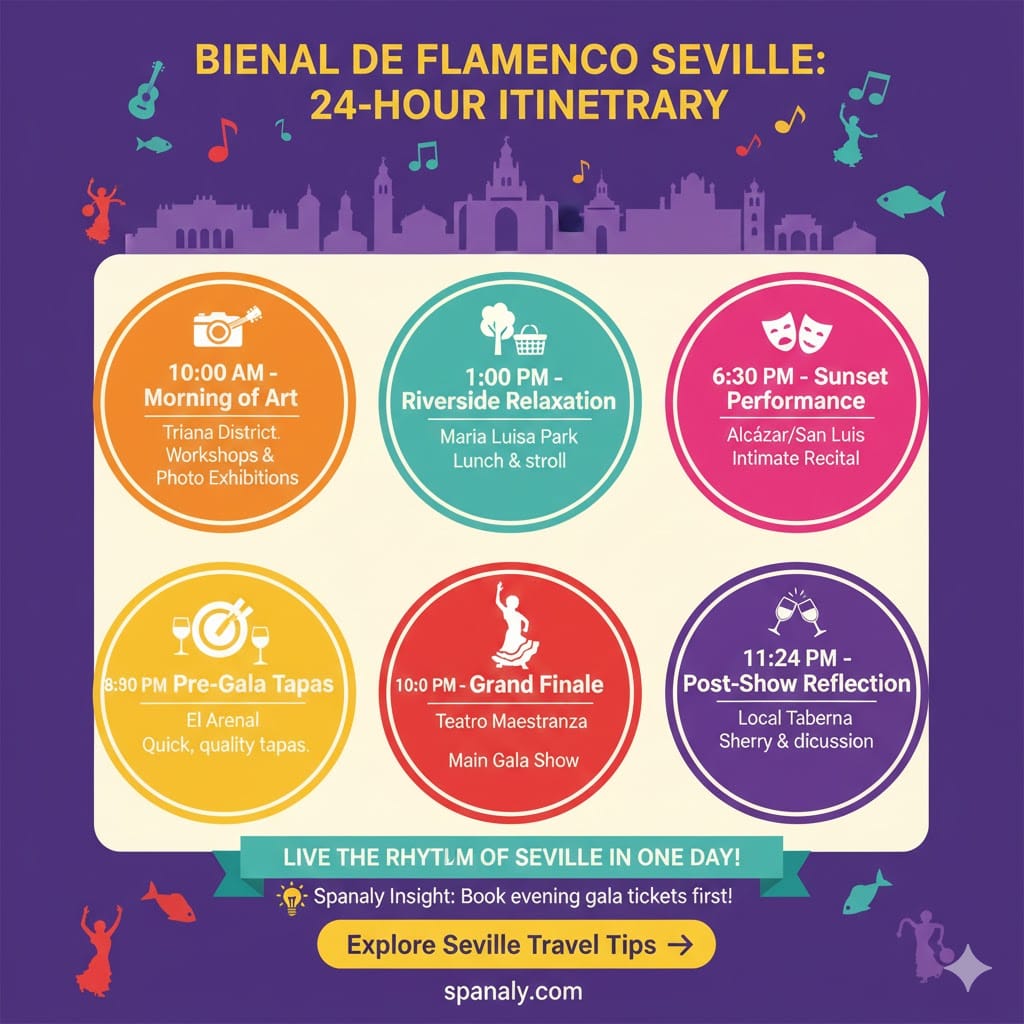 A colorful 24-hour itinerary infographic by Spanaly for the Bienal de Flamenco in Seville, featuring a timeline from morning art workshops in Triana to late-night gala shows and sherry at a local taberna.
